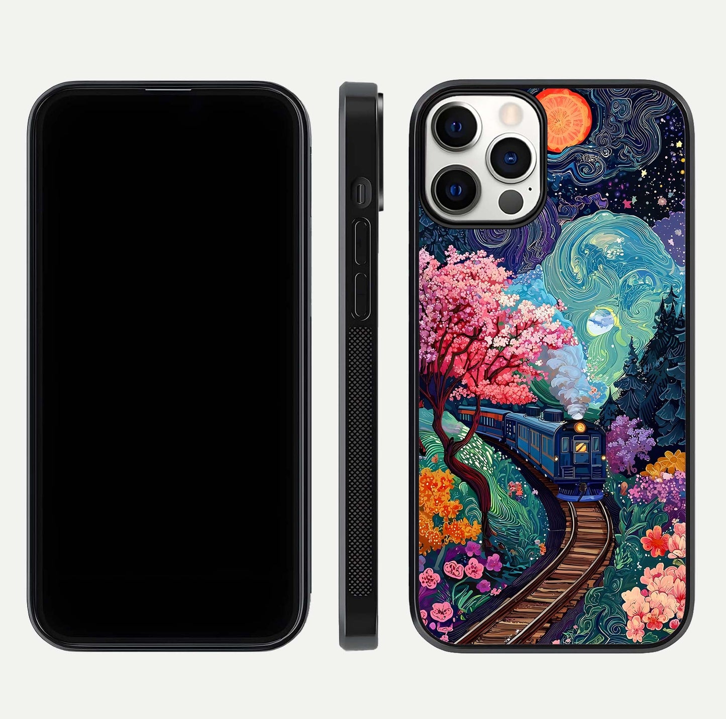 Digital Art Glass Case for iPhone 12 Pro dual-view layout displaying artistic tones and curved glass edge