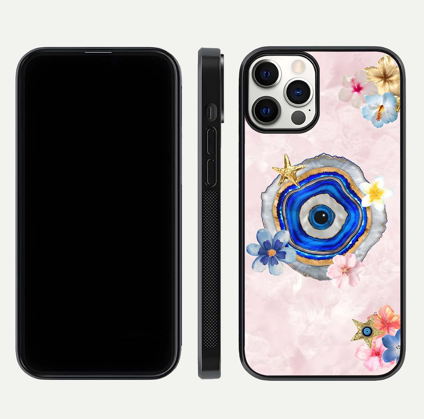Divine Aura Bloom Glass Case for iPhone 12 Pro dual-view layout displaying divine color tones and smooth edges