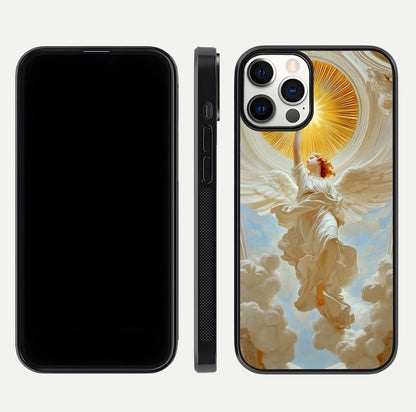 Divine Light Angel Glass Case for iPhone 12 Pro dual-view layout displaying celestial tones and smooth curves