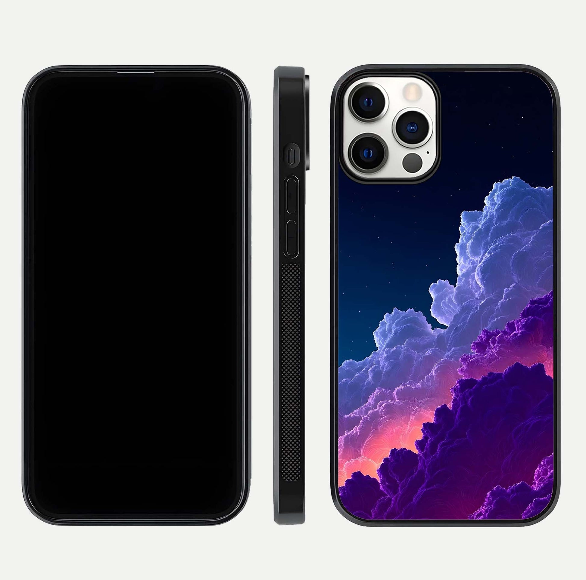 Dreamy Cloud Skies Glass Case for iPhone 12 Pro dual-view layout displaying calm sky art and smooth curve