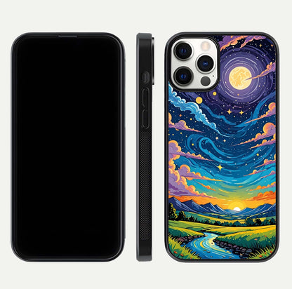 Dreamy Night Landscape Glass Case for iPhone 12 Pro dual-view layout displaying HD print and curved glass edges