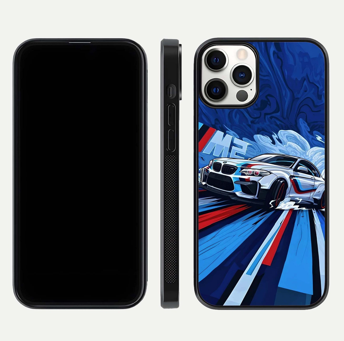 Drift Power Rush Glass Case for iPhone 12 Pro dual-view layout displaying dynamic motion art and HD gloss