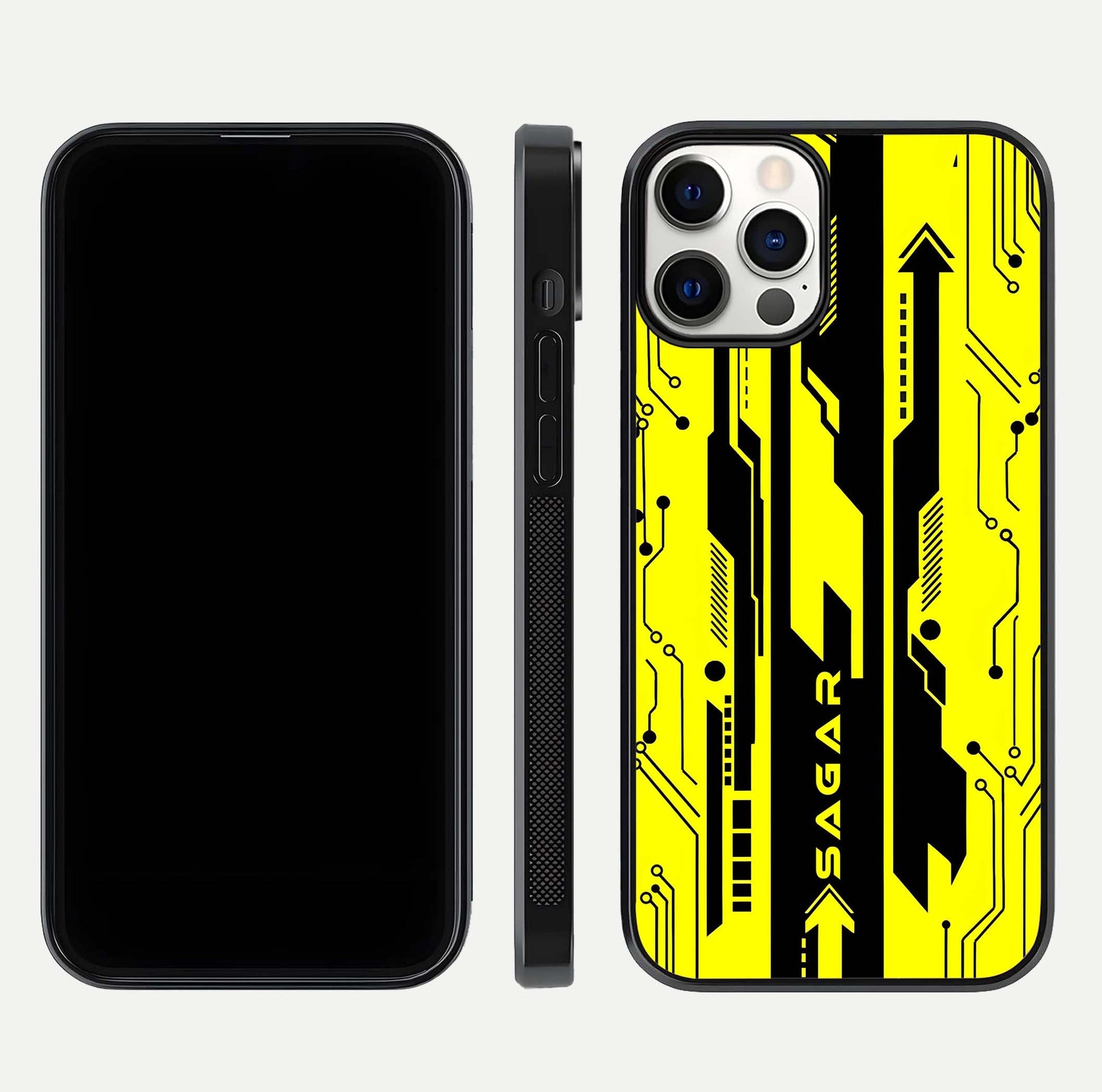 Electric Pulse CYBERPUNK Custom Name Glass Case for iPhone 12 Pro dual-view layout displaying futuristic hues and curved glass edges