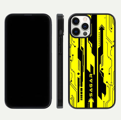 Electric Pulse CYBERPUNK Custom Name Glass Case for iPhone 12 Pro dual-view layout displaying futuristic hues and curved glass edges