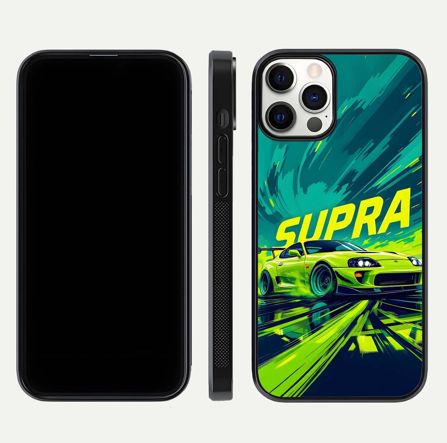Electric Supra Thunder Glass Case for iPhone 12 Pro dual-view layout displaying dynamic motion art and curved finish