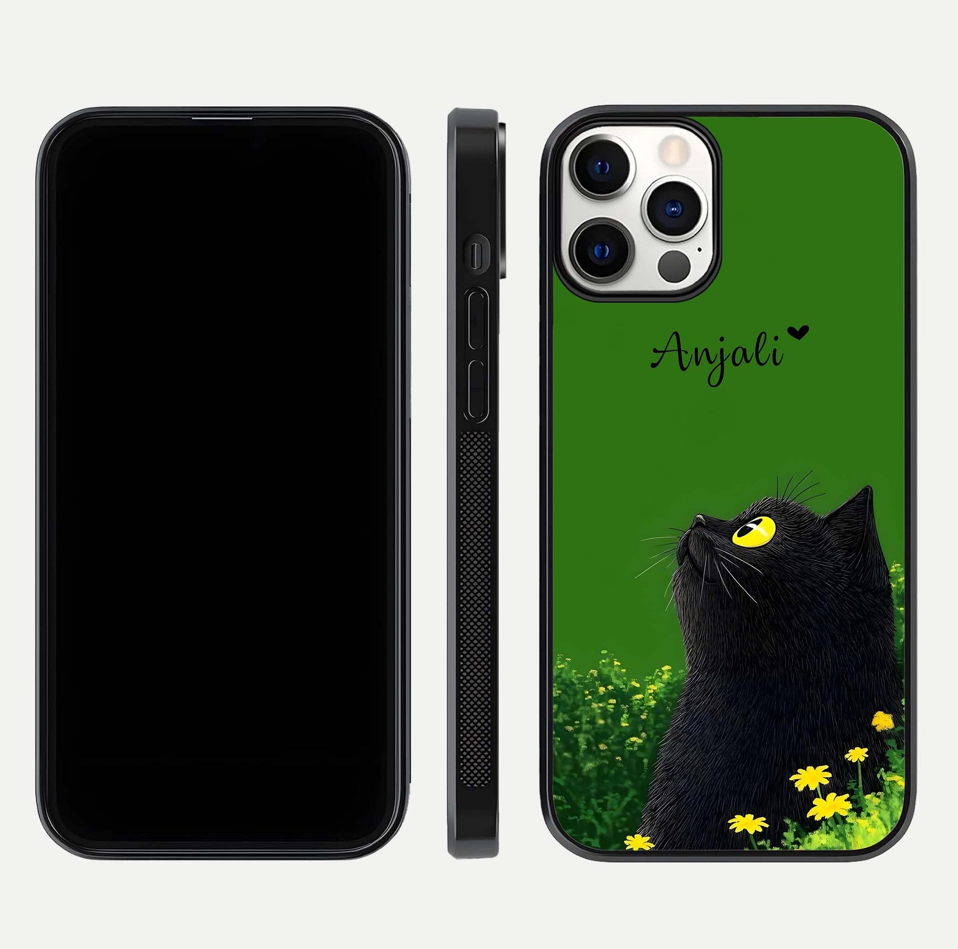 Emerald Cat Custom Name Glass Case for iPhone 12 Pro dual-view layout displaying artistic tones and smooth curves