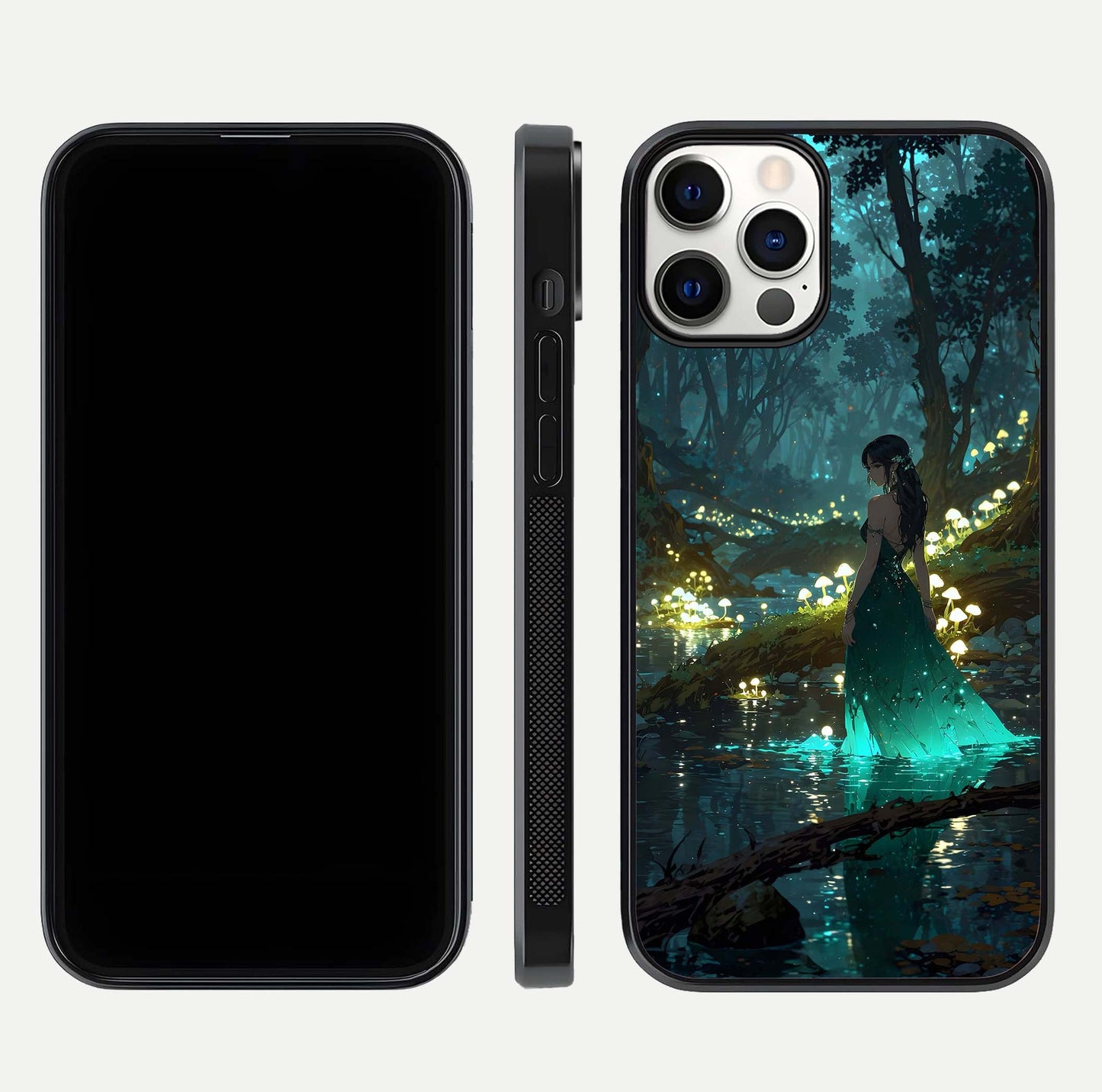 Enchanted Forest Glow Glass Case for iPhone 12 Pro dual-view layout displaying green tones and smooth glass