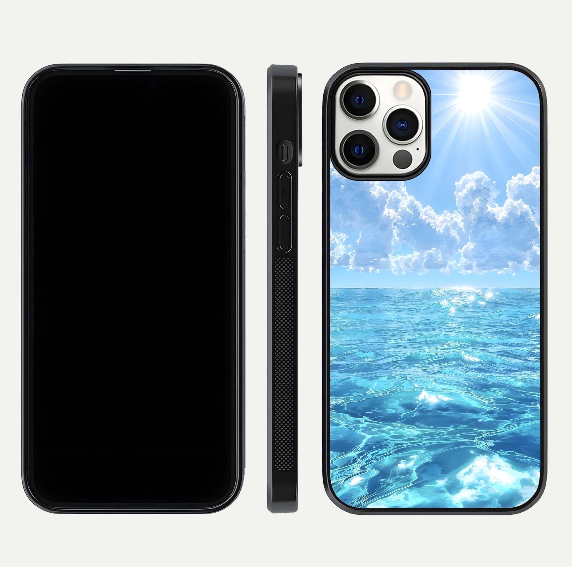 Endless Ocean Horizon Glass Case for iPhone 12 Pro dual-view layout displaying calm seascape and curved edges