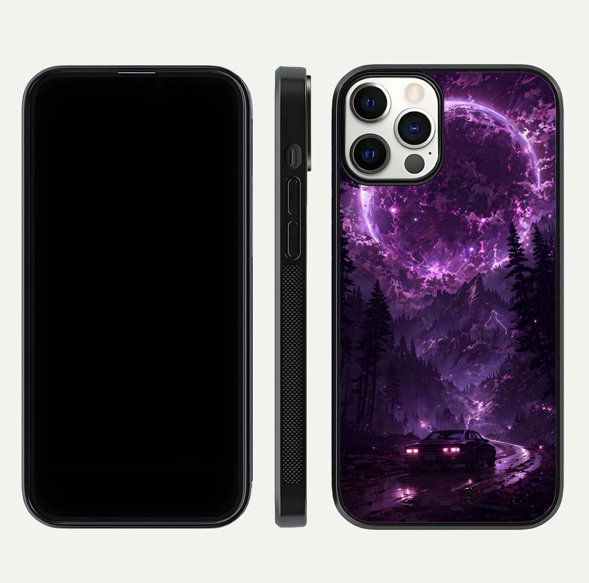 Eternal Cosmic Drive Glass Case for iPhone 12 Pro dual-view layout displaying outer-space tones and curved finish