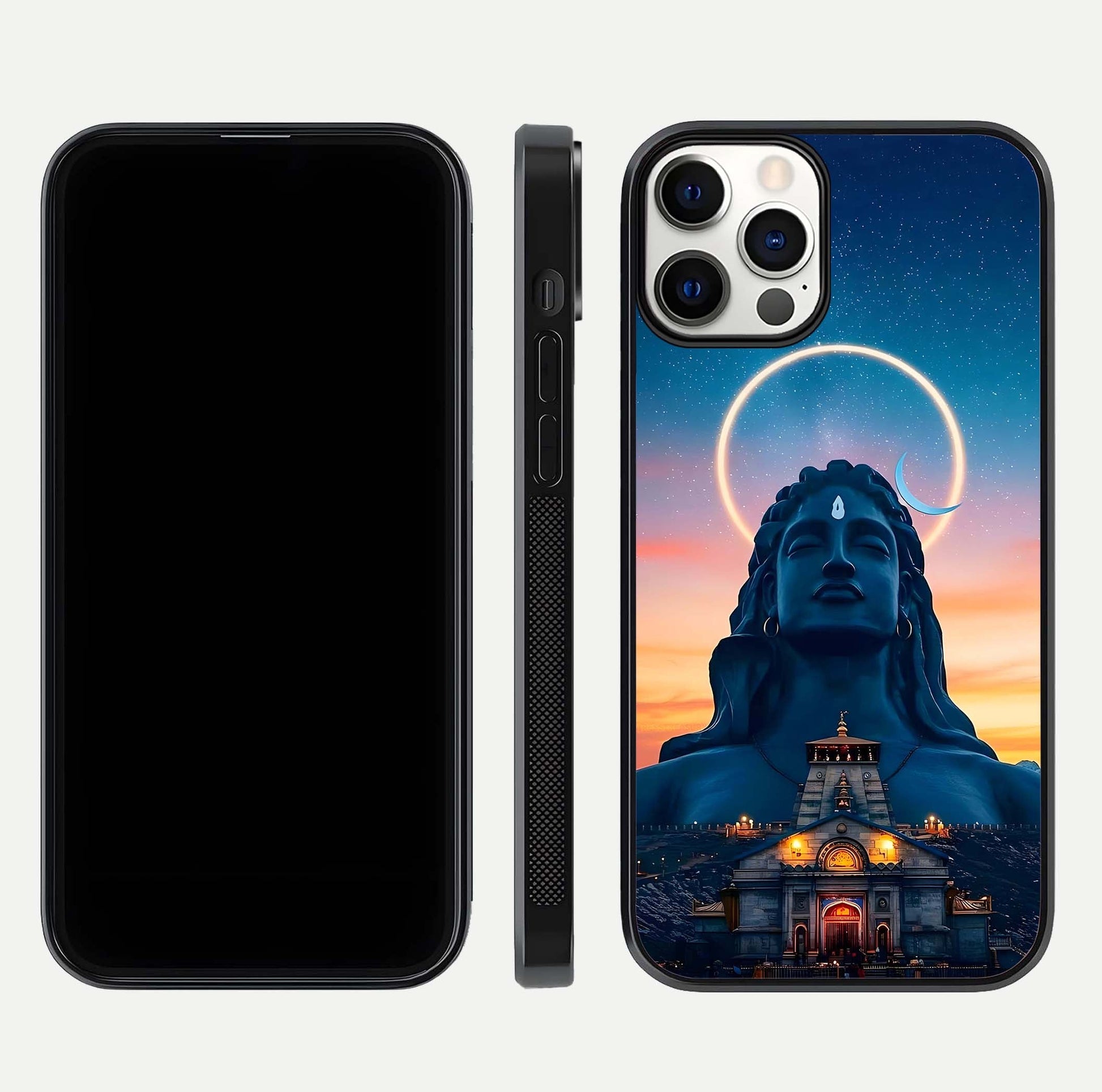 Eternal Shiva Aura Glass Case for iPhone 12 Pro dual-view layout displaying HD deity print and smooth edge