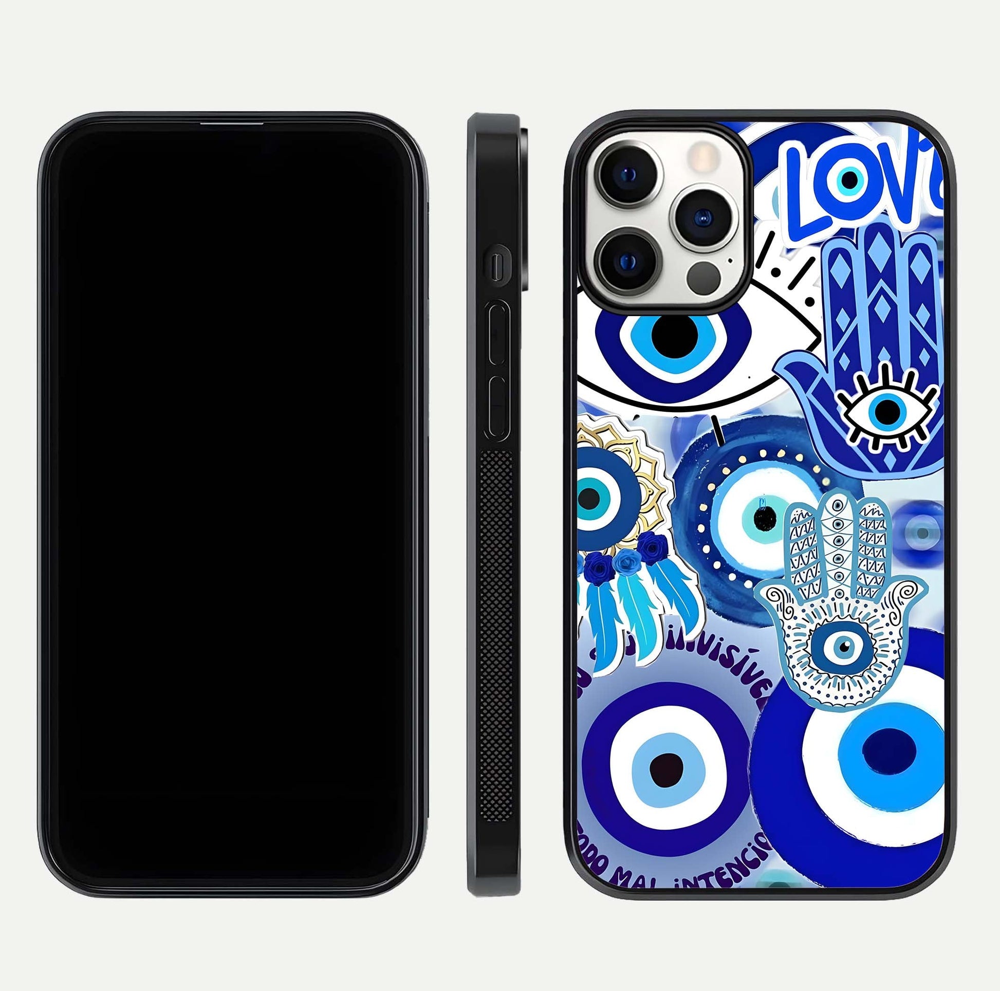 Evil Eyes Dream Glass Case for iPhone 12 Pro dual-view layout displaying spiritual motif and polished curved edge