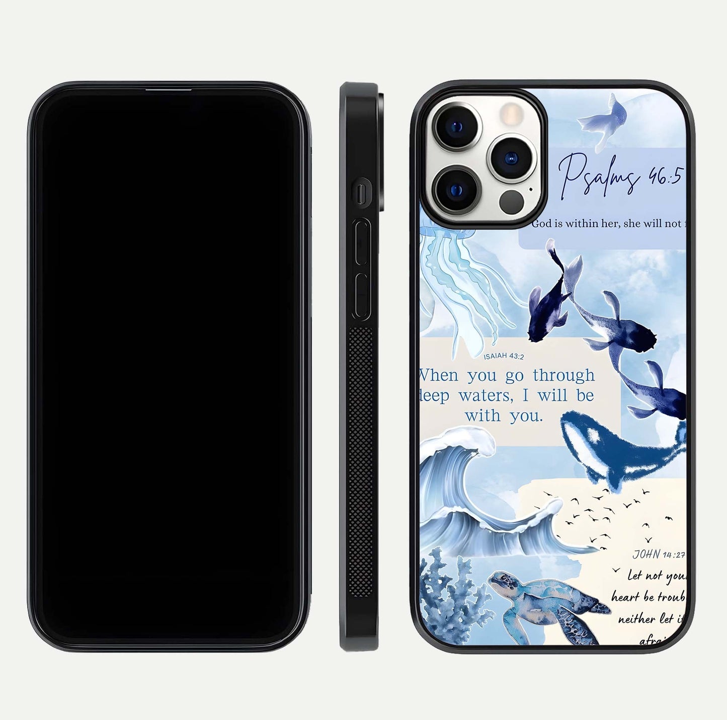 Faithful Ocean Promise Glass Case for iPhone 12 Pro dual-view layout showing sea horizon art and curved polish