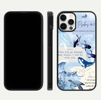 Faithful Ocean Promise Glass Case for iPhone 12 Pro dual-view layout showing sea horizon art and curved polish