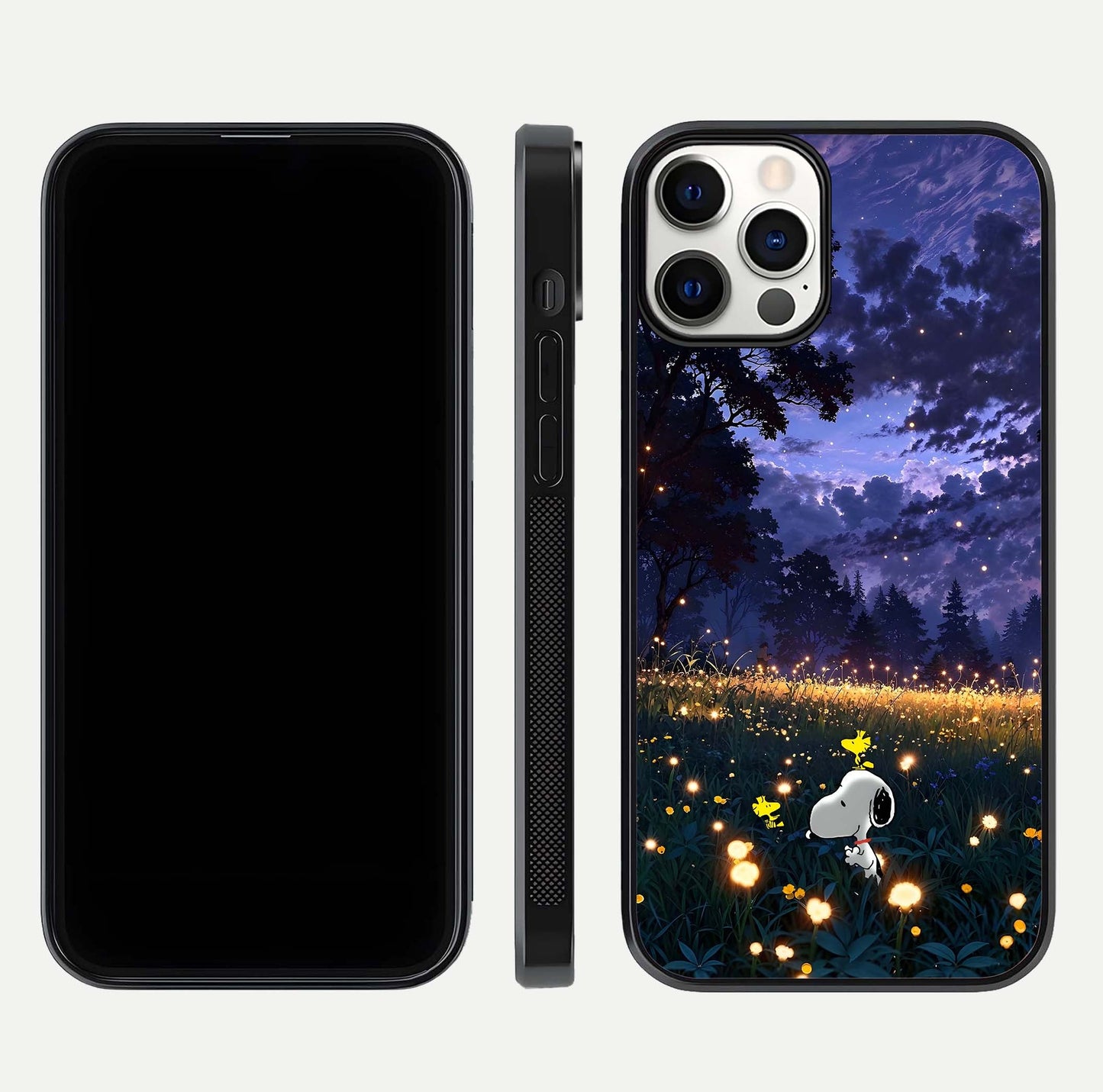 Firefly Meadow Magic Glass Case for iPhone 12 Pro dual-view layout displaying enchanting tones and curved edges