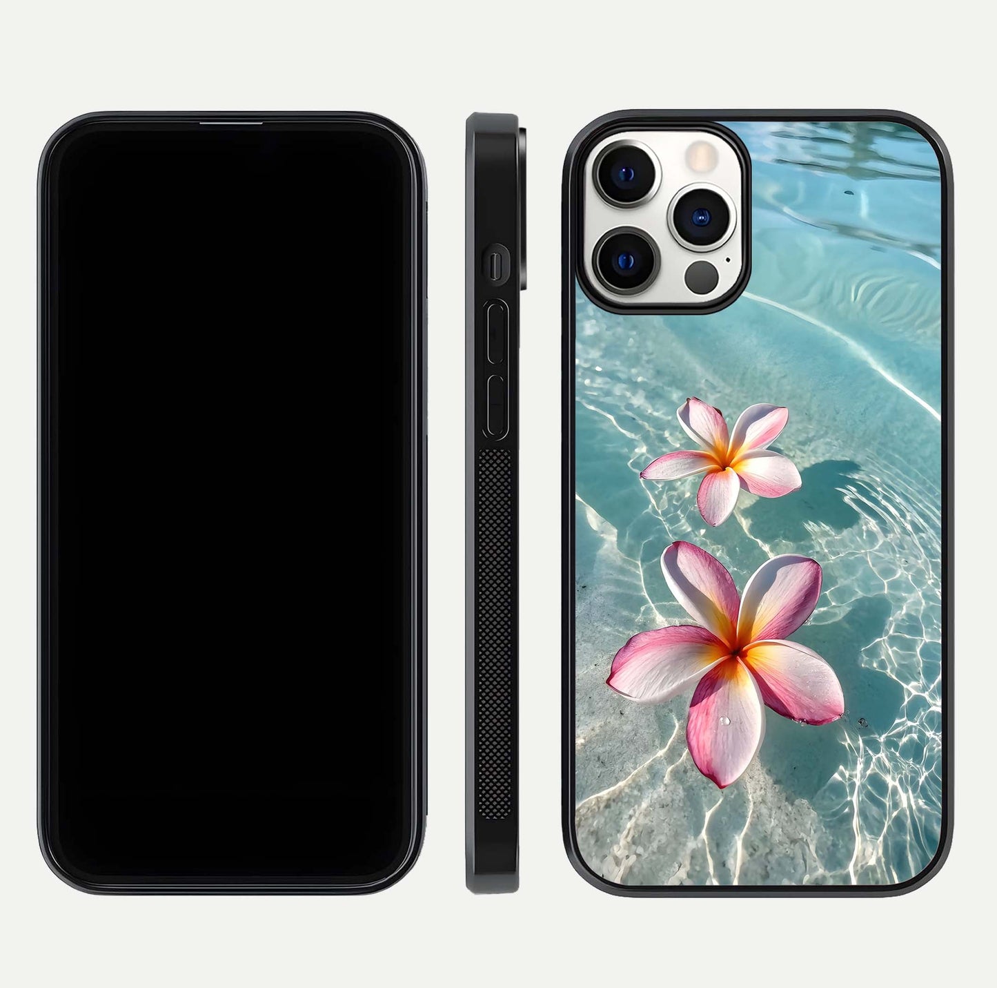 Floating Bloom Bliss Glass Case for iPhone 12 Pro dual-view layout displaying soft pastel flowers and curved glass