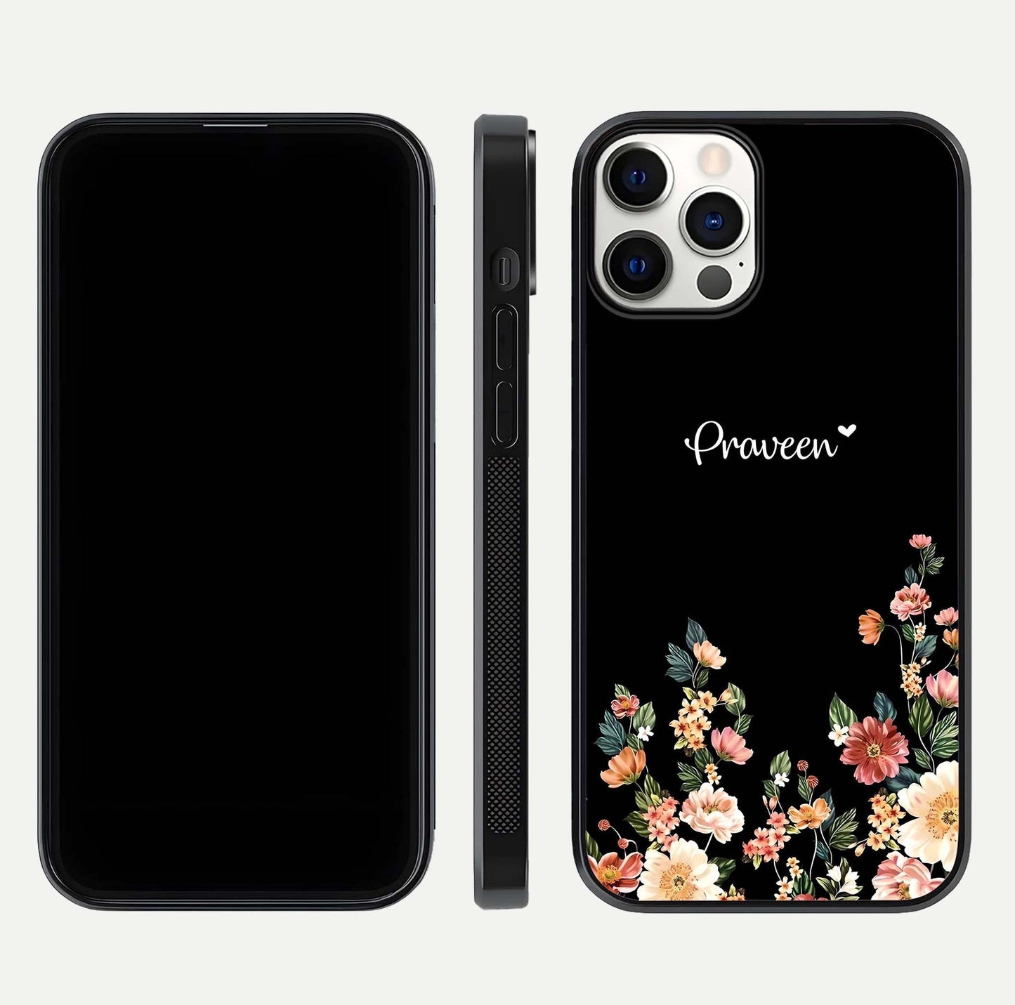 Floral Design Personalized Custom Name Glass Case for iPhone 12 Pro dual-view layout displaying artistic tones and curved finish