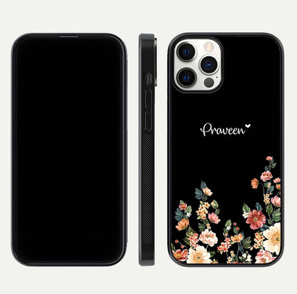 Floral Design Personalized Custom Name Glass Case for iPhone 12 Pro dual-view layout displaying artistic tones and curved finish