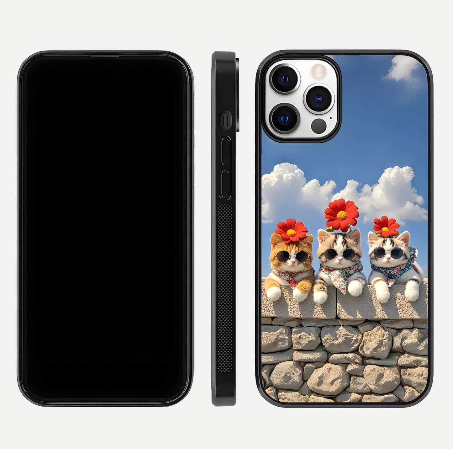 Floral Kitty Squad Glass Case for iPhone 12 Pro dual-view layout displaying vibrant tones and smooth edges
