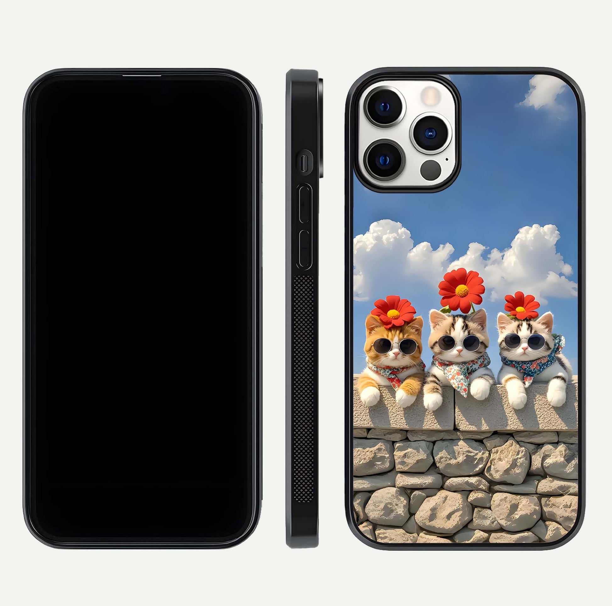 Floral Kitty Squad Glass Case for iPhone 12 Pro dual-view layout displaying vibrant tones and smooth edges