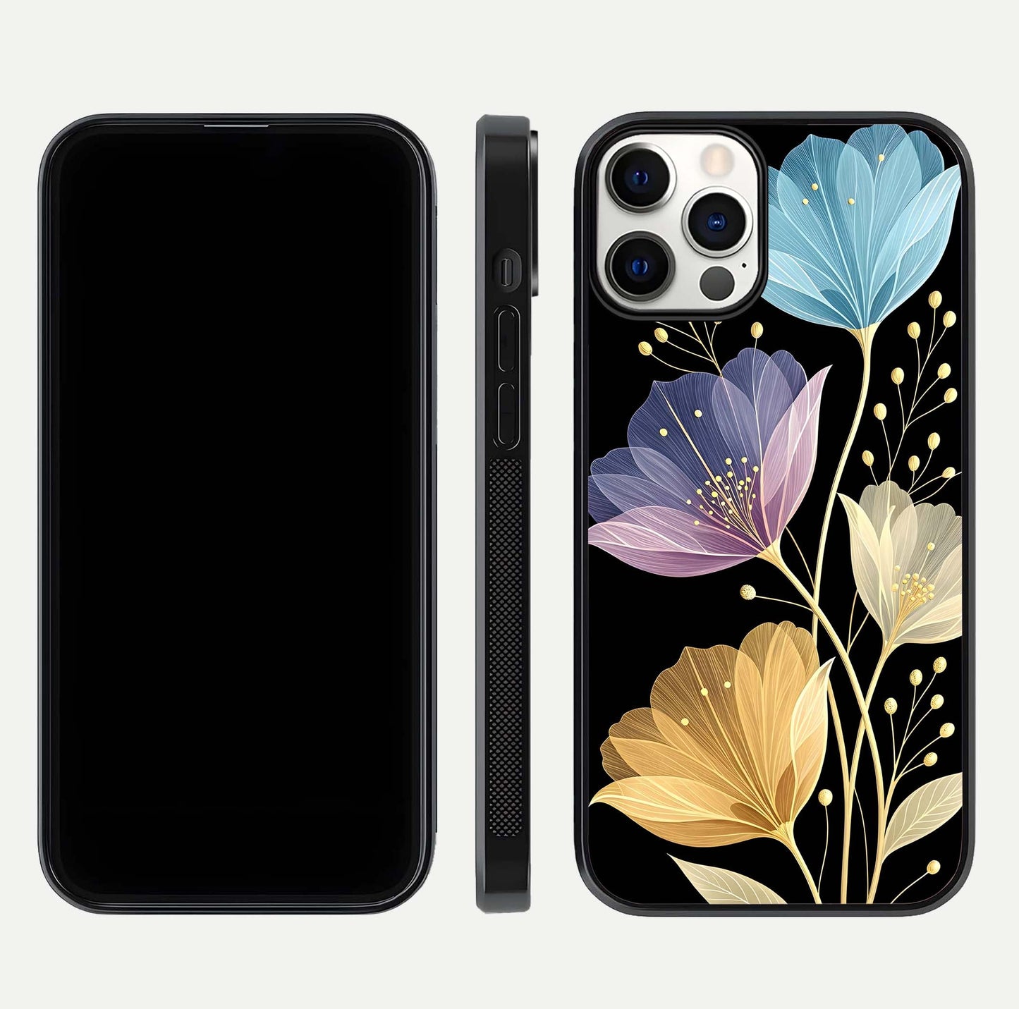 Flower Bloom Glow Glass Case for iPhone 12 Pro dual-view layout displaying petal tones and curved glass edge