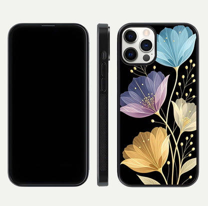 Flower Bloom Glow Glass Case for iPhone 12 Pro dual-view layout displaying petal tones and curved glass edge
