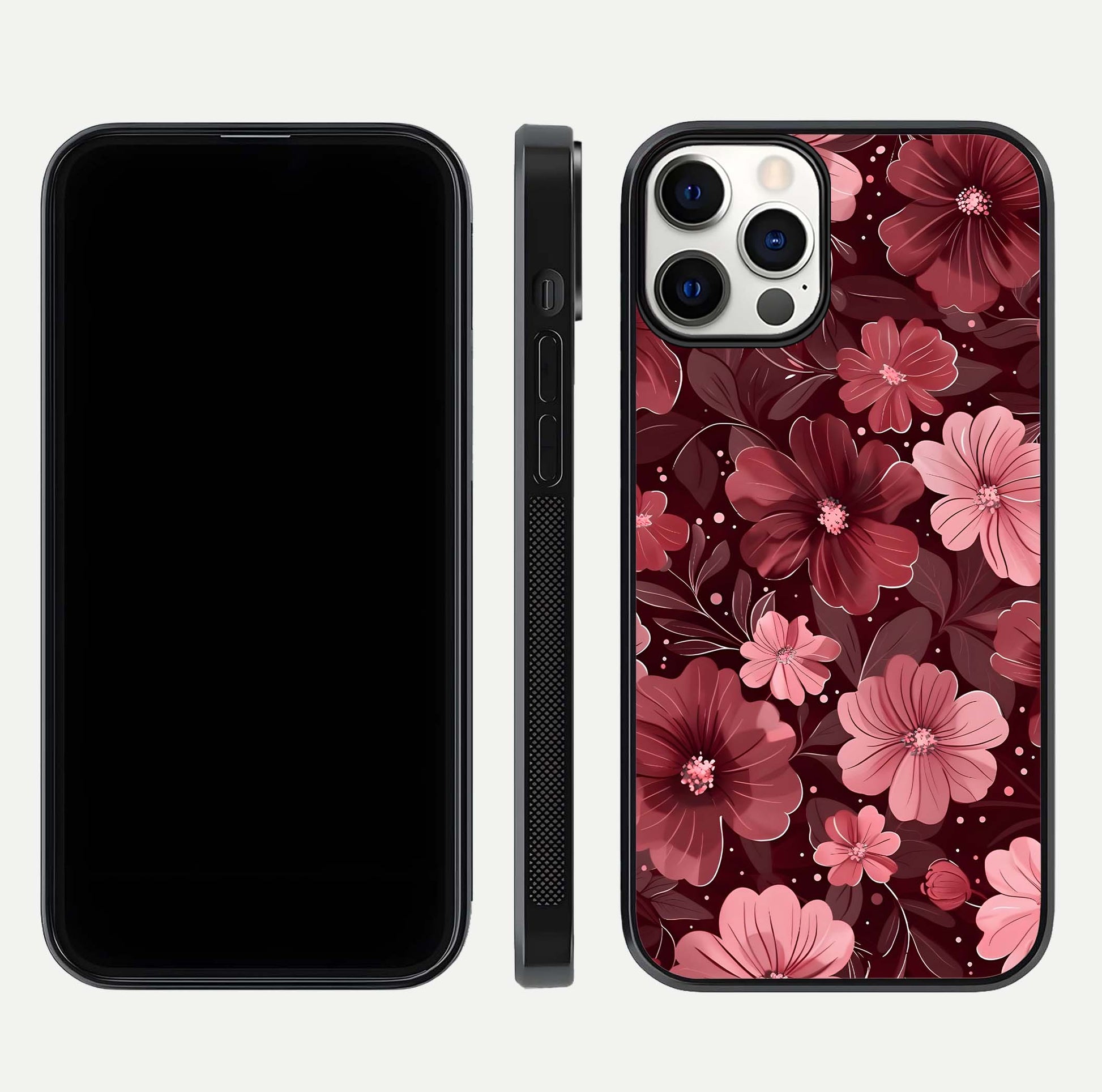 Flower Blush Bloom Glass Case for iPhone 12 Pro dual-view layout displaying HD print and smooth curves