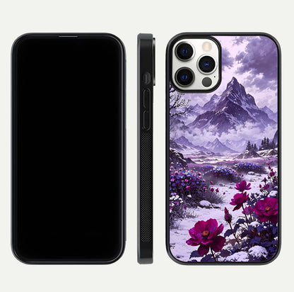 Flower Mountain View Glass Case for iPhone 12 Pro dual-view layout displaying scenic tones and curved glass finish