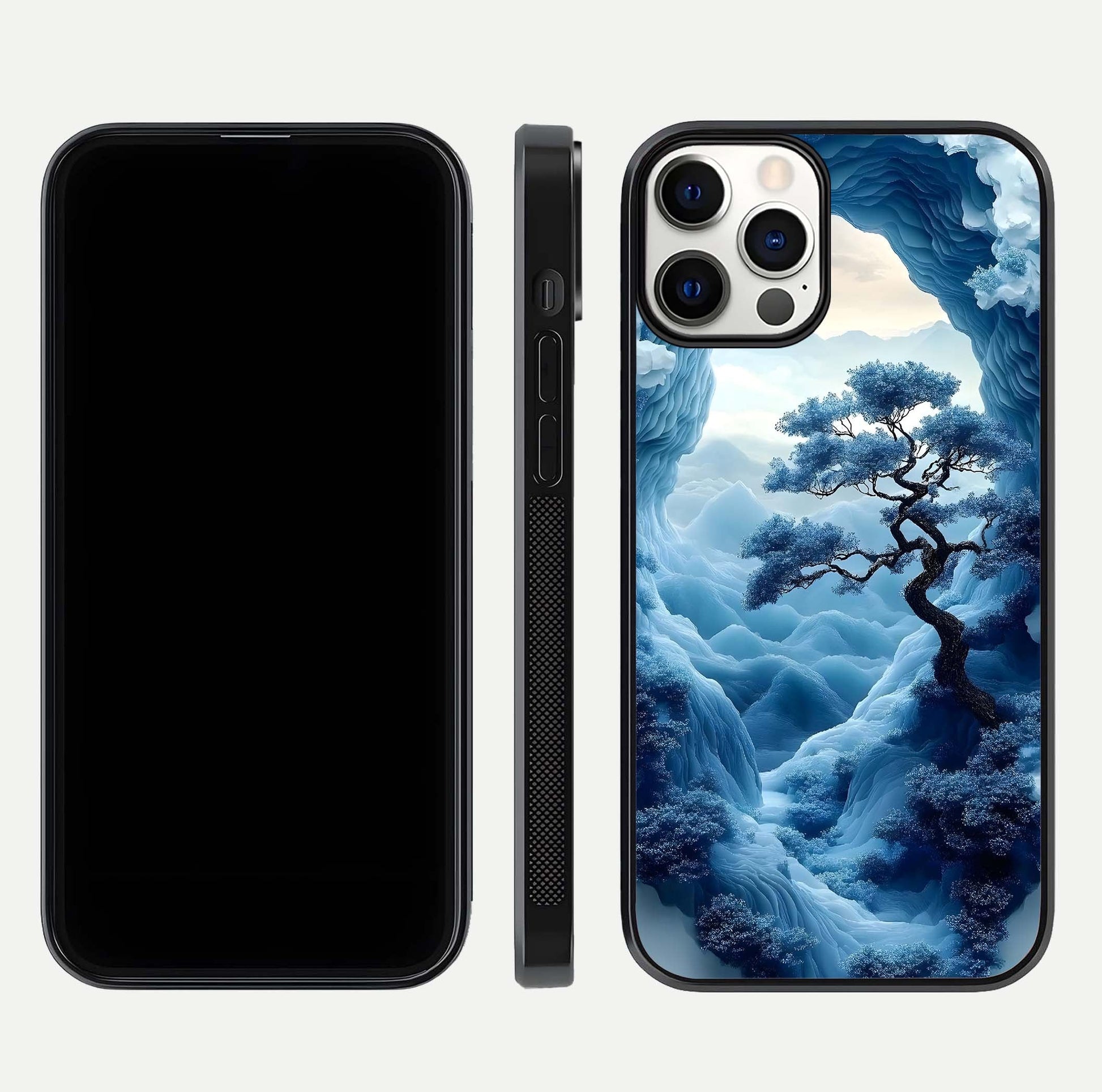 Frozen Serenity Gate Glass Case for iPhone 12 Pro dual-view layout displaying winter theme and smooth curves