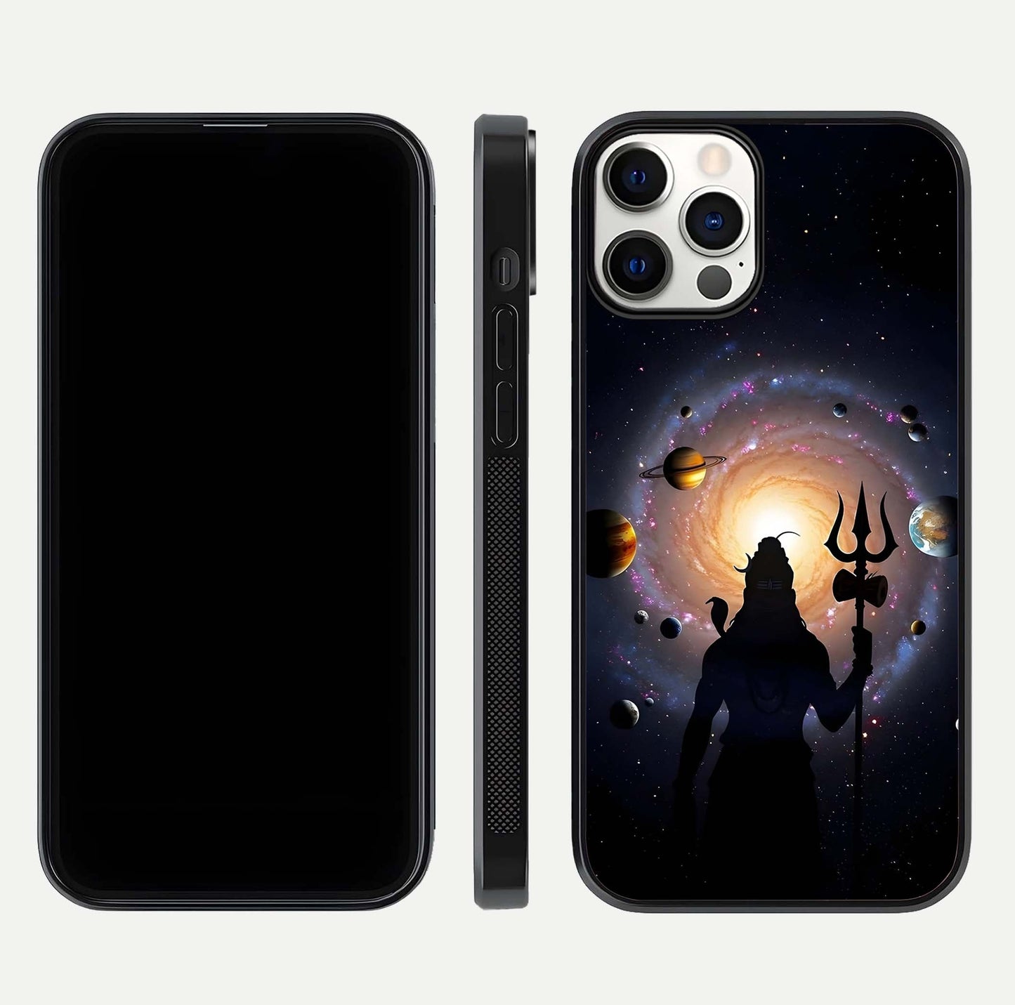 Galactic Shiva Vision Glass Case for iPhone 12 Pro front and back view layout showing celestial background and polished curved glass