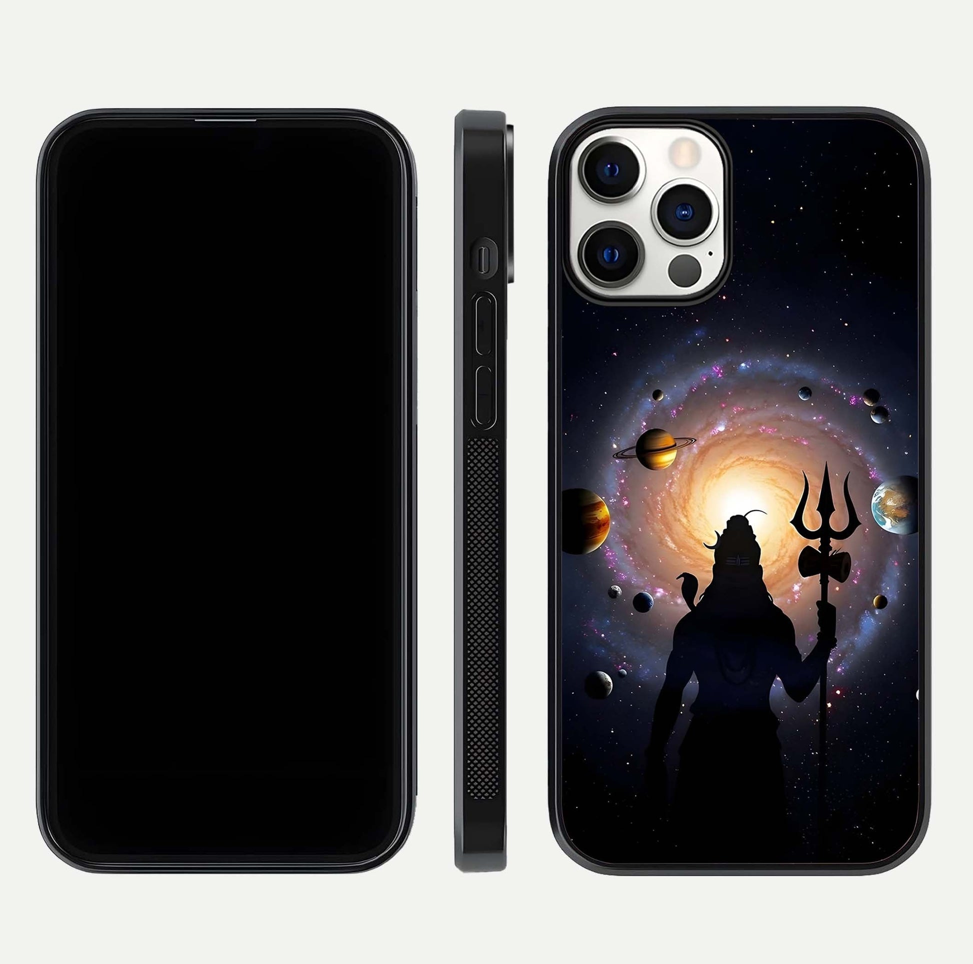 Galactic Shiva Vision Glass Case for iPhone 12 Pro front and back view layout showing celestial background and polished curved glass