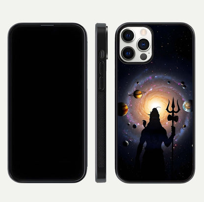 Galactic Shiva Vision Glass Case for iPhone 12 Pro front and back view layout showing celestial background and polished curved glass