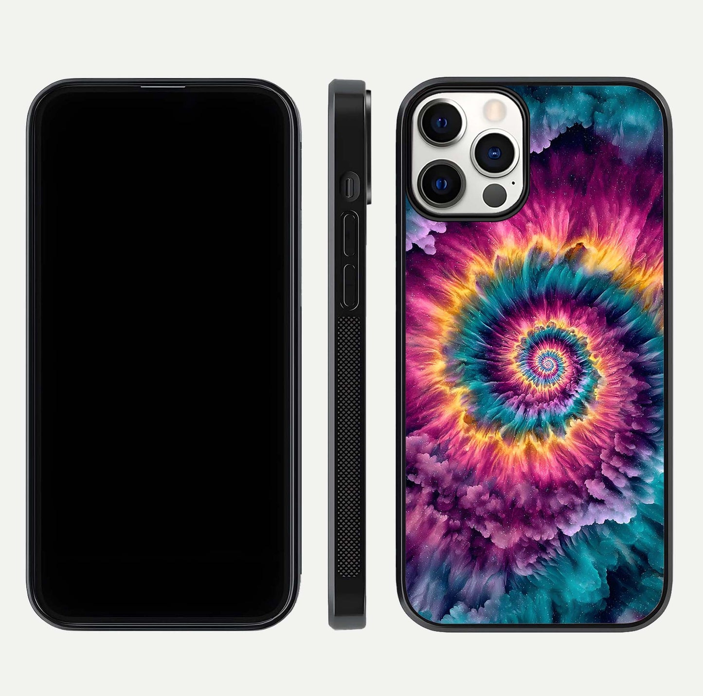 Galactic Spiral Burst Glass Case for iPhone 12 Pro front and back view layout highlighting cosmic swirl and curved edges
