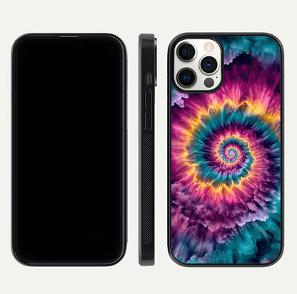 Galactic Spiral Burst Glass Case for iPhone 12 Pro front and back view layout highlighting cosmic swirl and curved edges