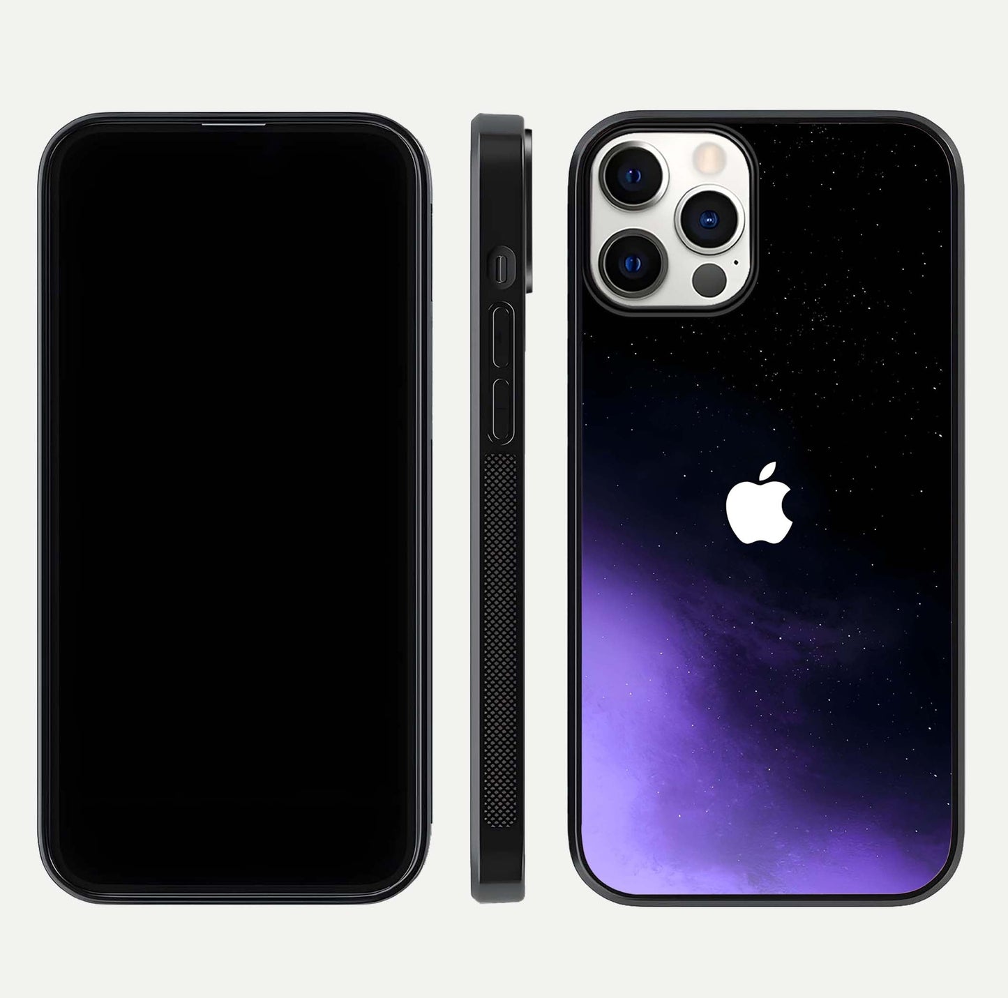 Galaxy Apple Aura Glass Case for iPhone 12 Pro front and back view layout displaying cosmic tones and premium curved glass edges