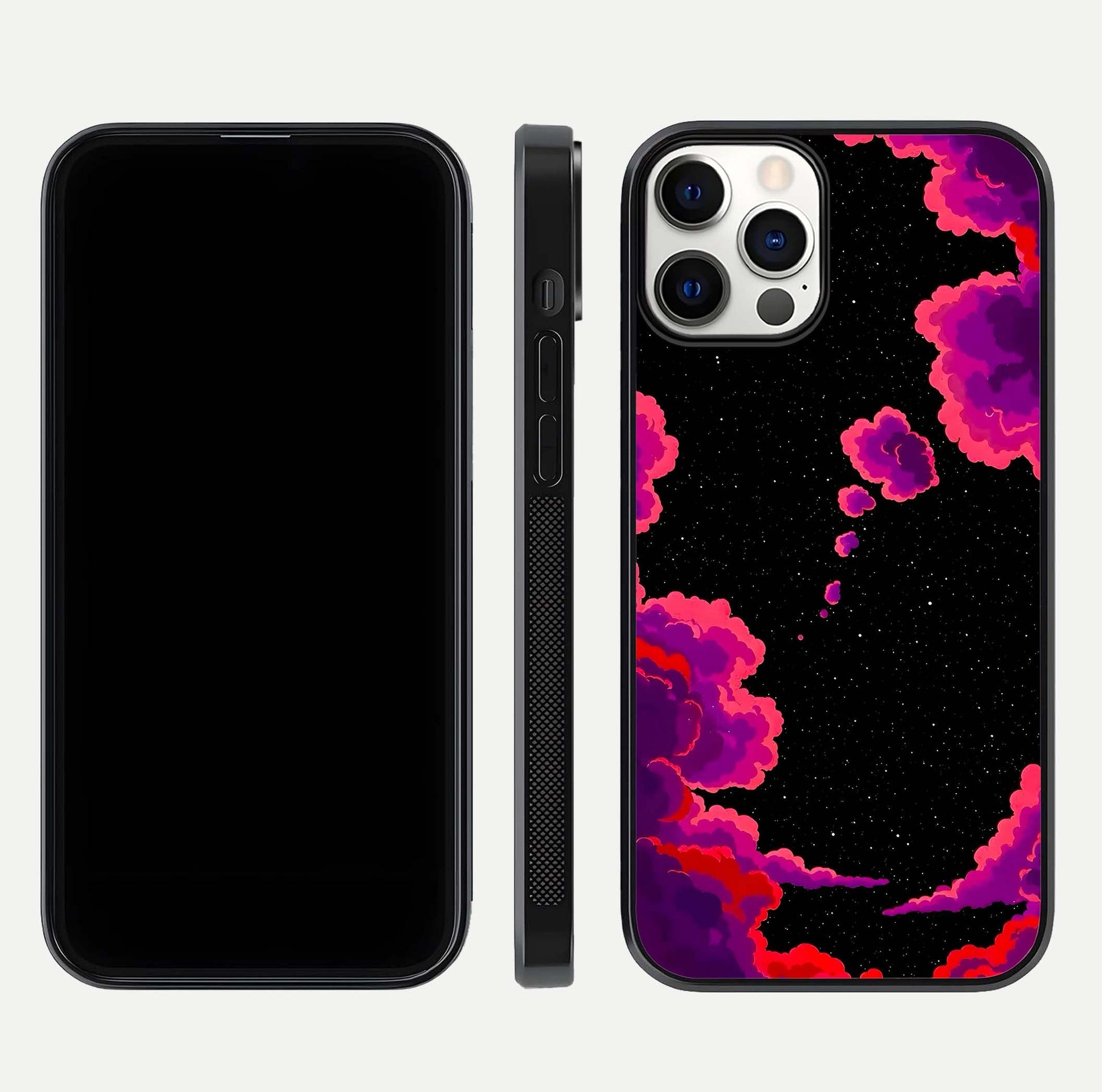 Galaxy Dream Frame Glass Case for iPhone 12 Pro front and back view layout highlighting cosmic design and smooth glass curvature
