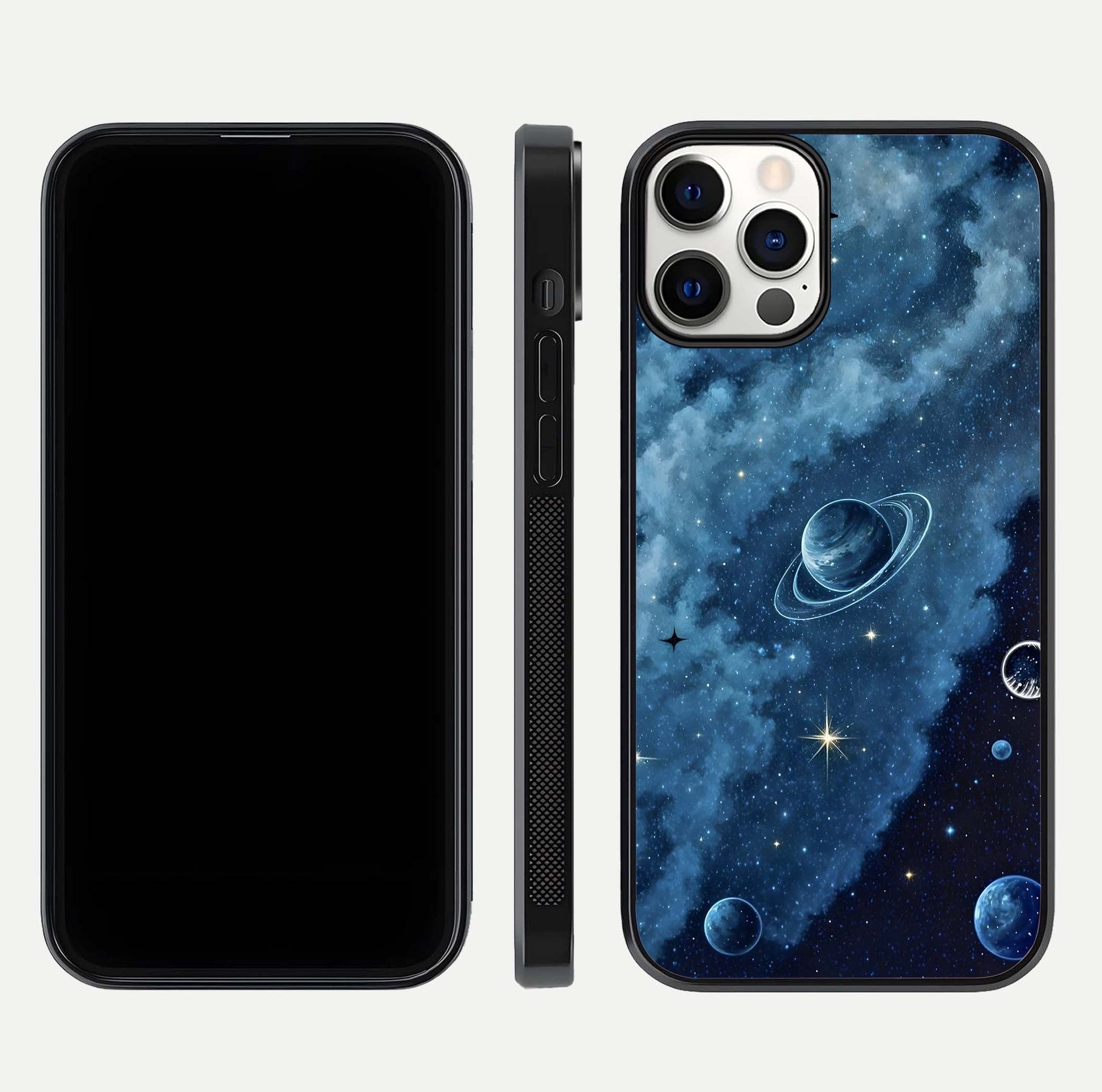 Galaxy Dream Space Glass Case for iPhone 12 Pro front and back view layout showing deep-space tones and curved edges
