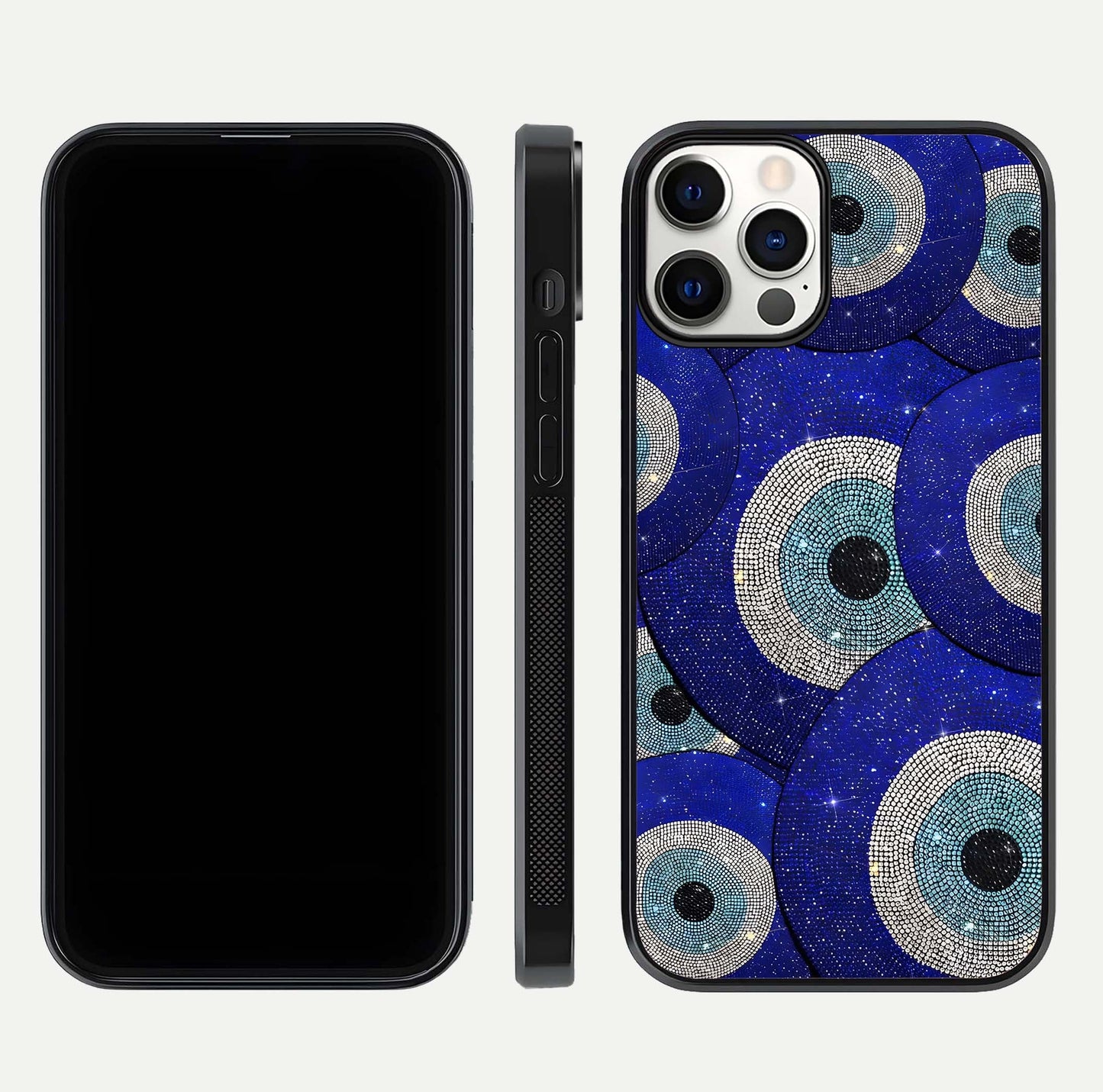 Galaxy Eye Flow Glass Case for iPhone 12 Pro front and back view layout displaying cosmic art and curved glass borders