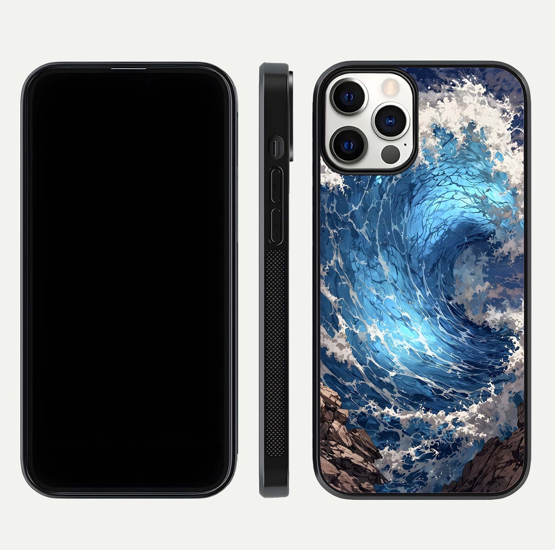 Giant Ocean Wave Glass Case for iPhone 12 Pro front and back view layout displaying sea tones and smooth curved edges