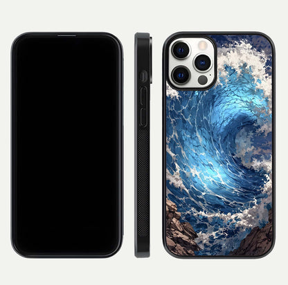 Giant Ocean Wave Glass Case for iPhone 12 Pro front and back view layout displaying sea tones and smooth curved edges