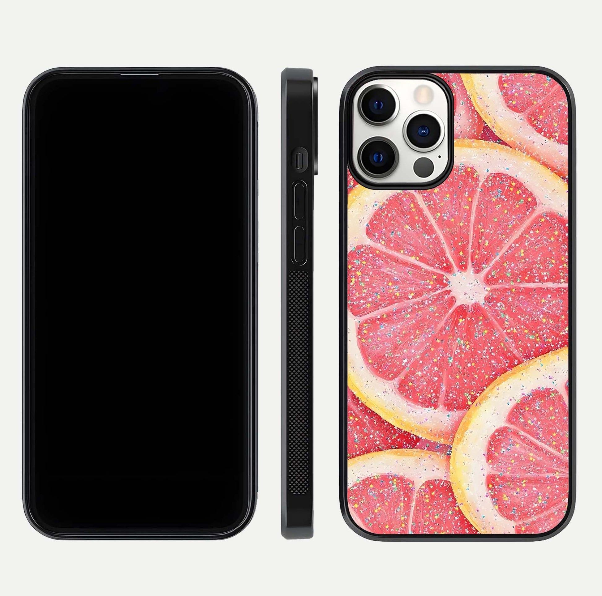 Glitter Grapefruit Glass Case for iPhone 12 Pro front and back view layout highlighting citrus hues and smooth glass