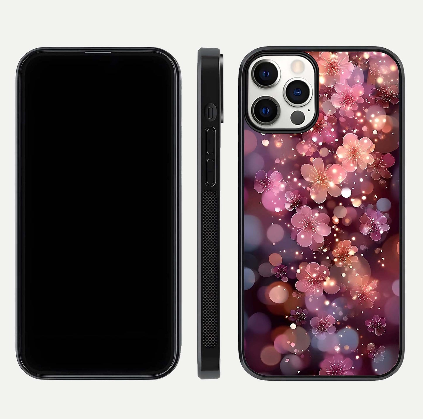 Glowing Petal Bliss Glass Case for iPhone 12 Pro front and back view layout displaying artistic floral design and curved glass