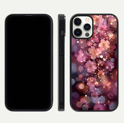 Glowing Petal Bliss Glass Case for iPhone 12 Pro front and back view layout displaying artistic floral design and curved glass