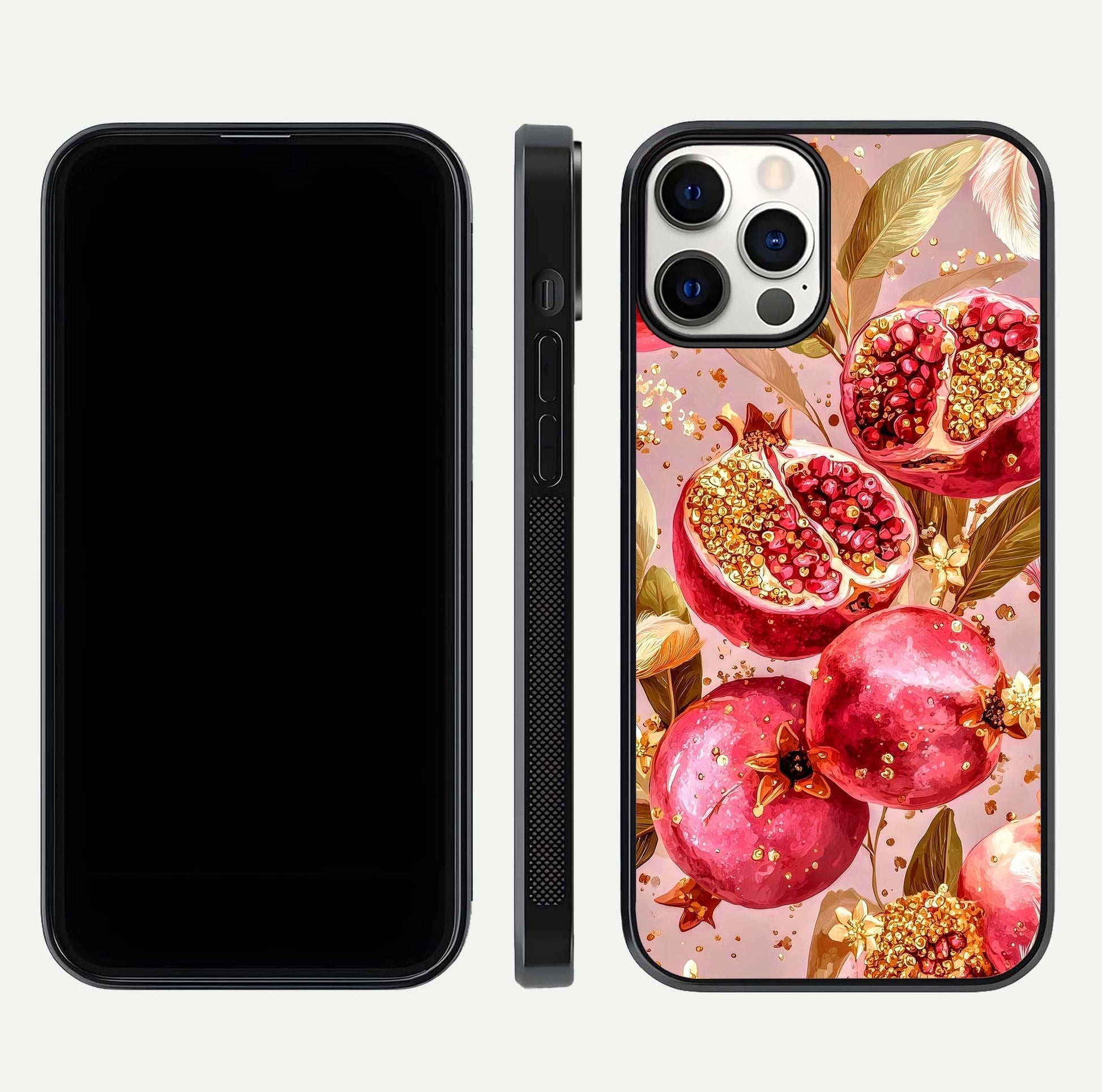 Golden Bloom Glow Glass Case for iPhone 12 Pro front and back view layout highlighting luxury floral pattern and curved edges