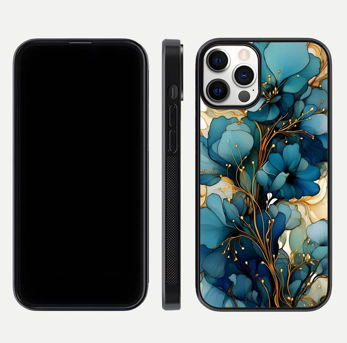 Golden Bloom Symphony Glass Case for iPhone 12 Pro front and back view layout highlighting rich floral tones and curved glass edges
