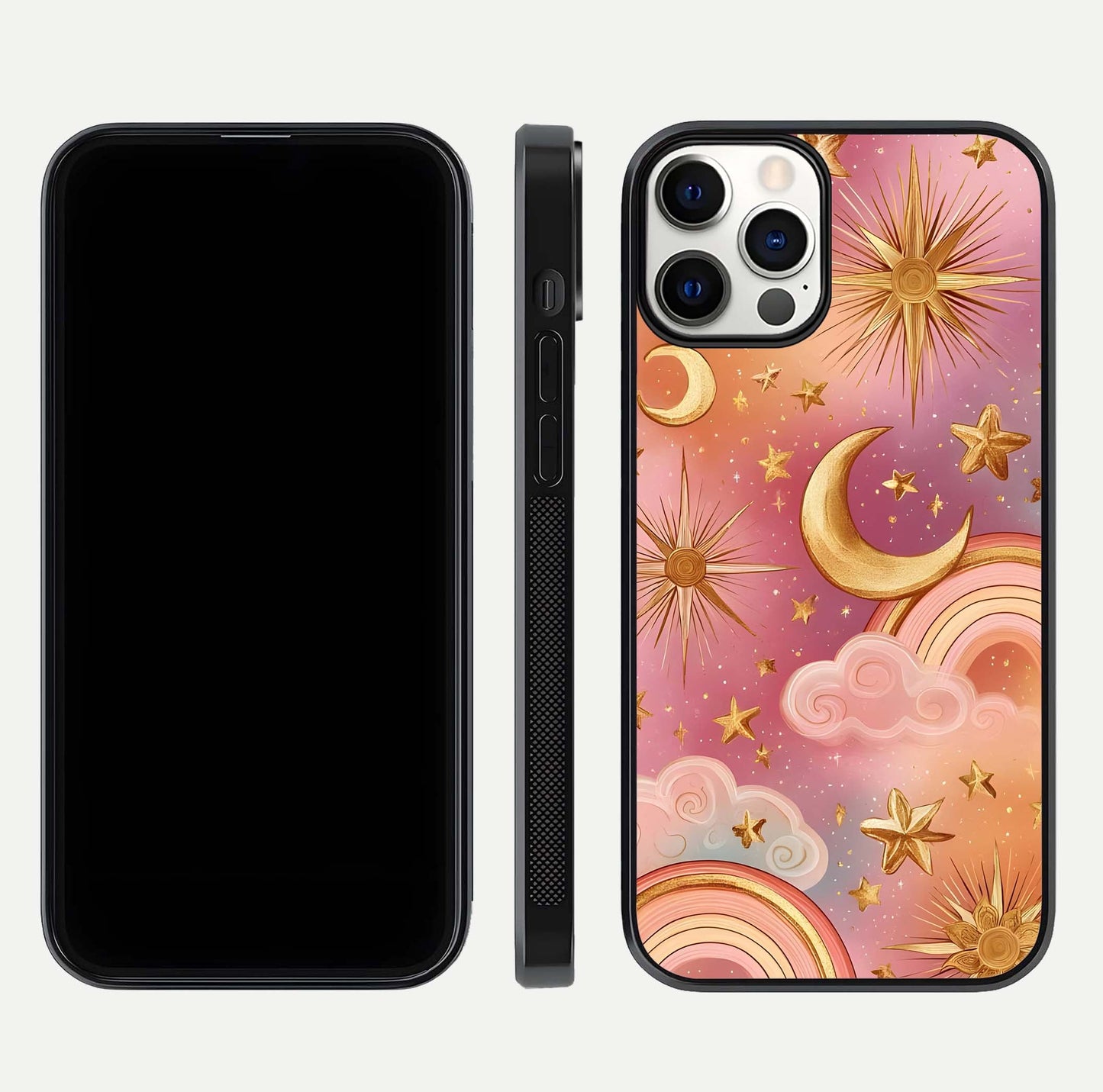 Golden Celestial Dreams Glass Case for iPhone 12 Pro front and back view layout highlighting celestial motifs and smooth curved edge