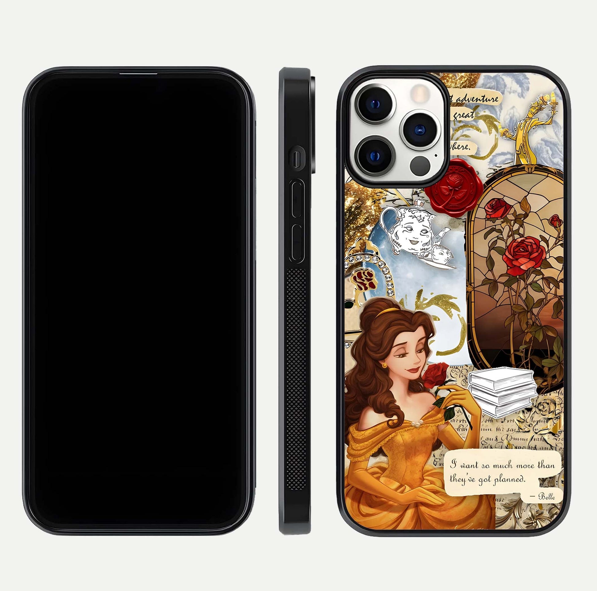 Golden Dream Belle Glass Case for iPhone 12 Pro front and back view layout displaying dreamy golden theme and smooth curvature