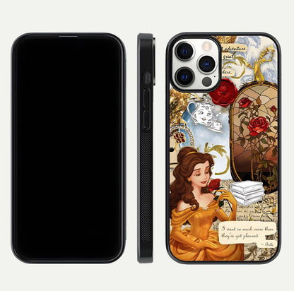 Golden Dream Belle Glass Case for iPhone 12 Pro front and back view layout displaying dreamy golden theme and smooth curvature