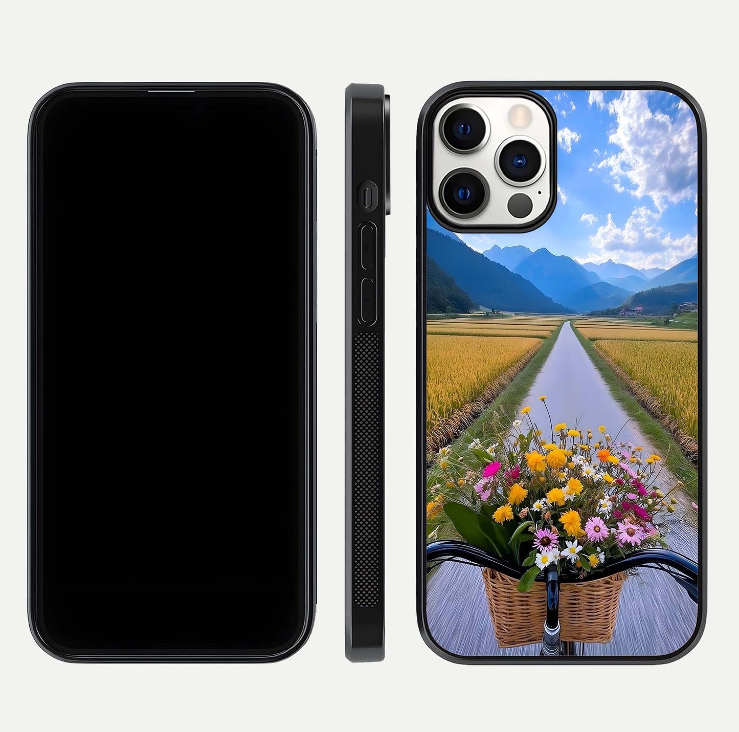 Golden Field Journey Glass Case for iPhone 12 Pro front and back view layout highlighting natural gradient and smooth glass finish