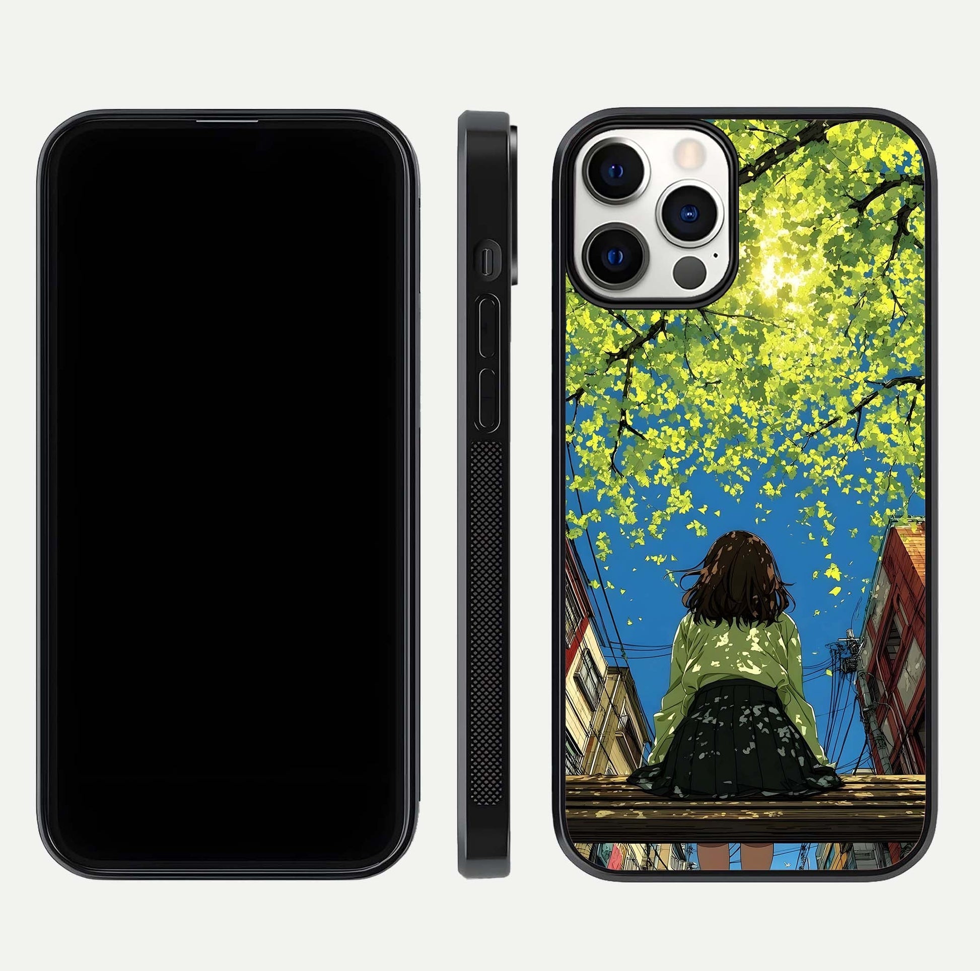 Golden Leaves Glow Glass Case for iPhone 12 Pro front and back view layout highlighting glowing tones and curved edges