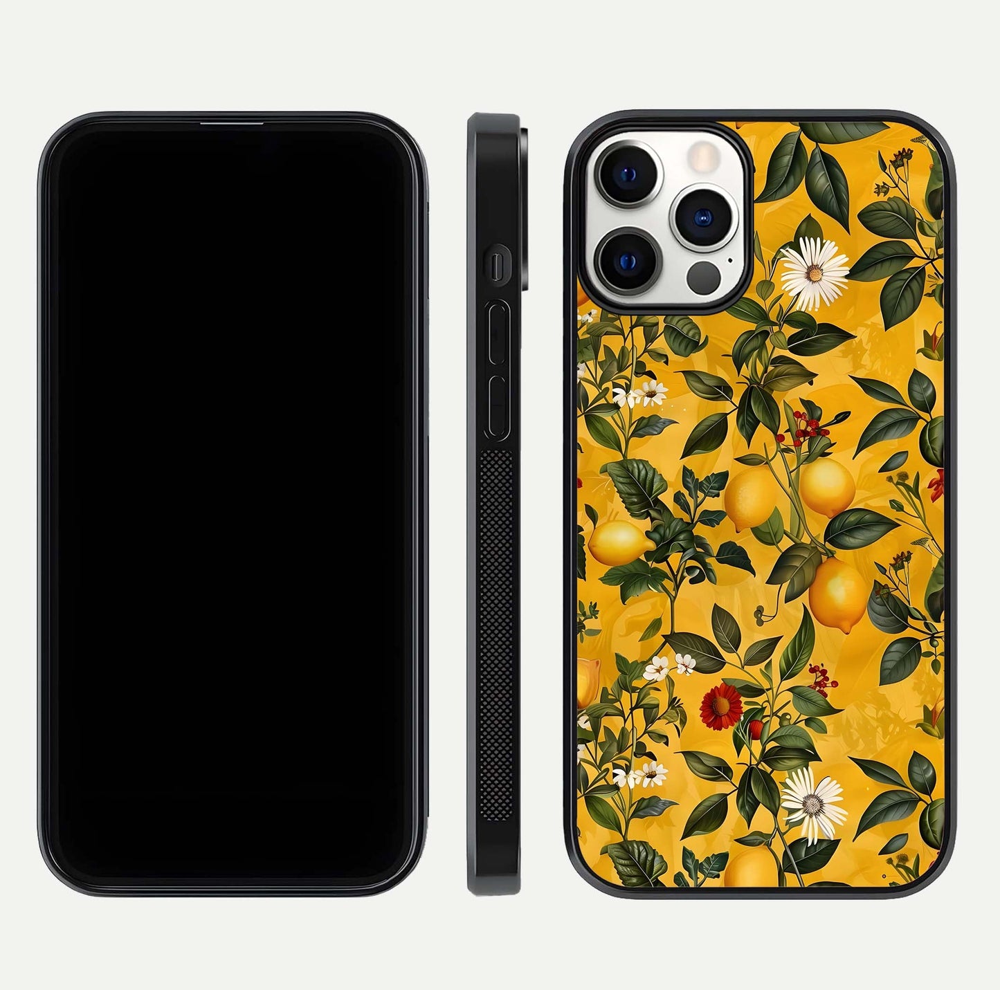 Golden Lemon Field Glass Case for iPhone 12 Pro front and back view layout highlighting fruity tones and curved glass edges